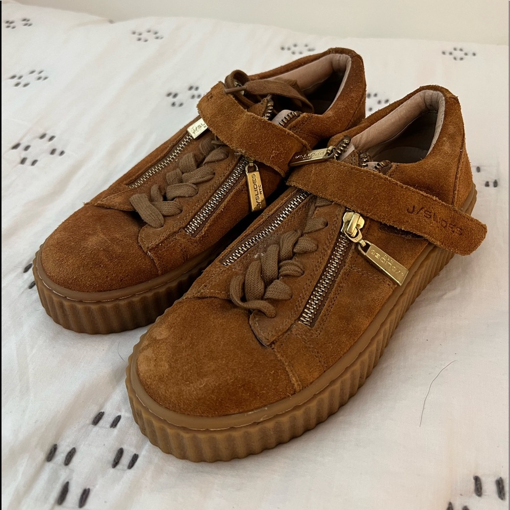 J/Slides NYC Chestnut Brown Suede Sneakers with gold accents